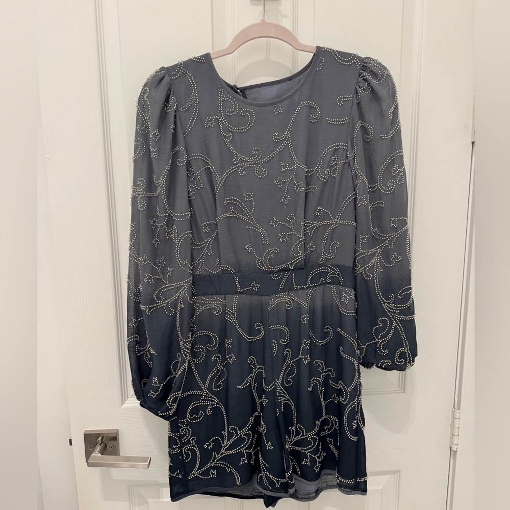 BCBGMaxAzria Gray and Steel Blue Beaded Detail Romper
